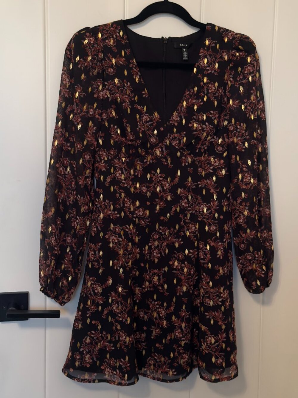 AQUA Floral Metallic Foil Long Sleeve Mini Dress - Picture 2 of 5